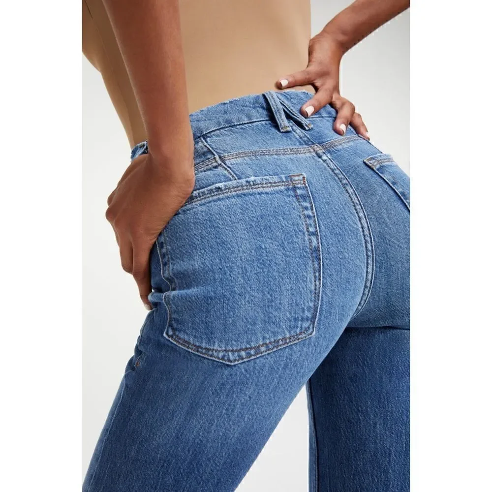 Good American Good 90s Icon Ripped Straight Leg High Rise Stretch Denim Jeans - Picture 5 of 16